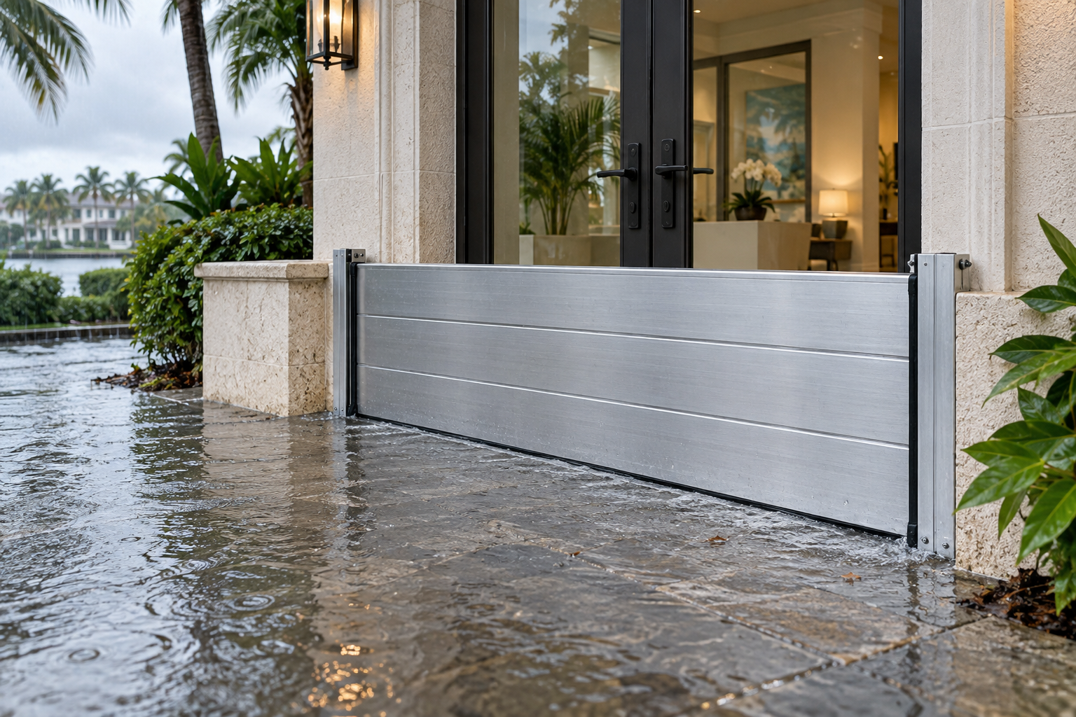 Barrera removible de aluminio protegiendo una entrada residencial en Florida